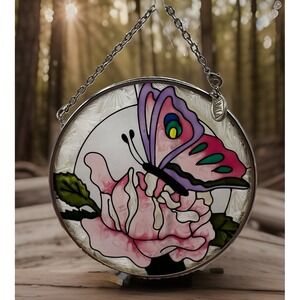 AMIA Butterfly Hand Painted Stained Glass Sun Catcher Round 3.5" MINT